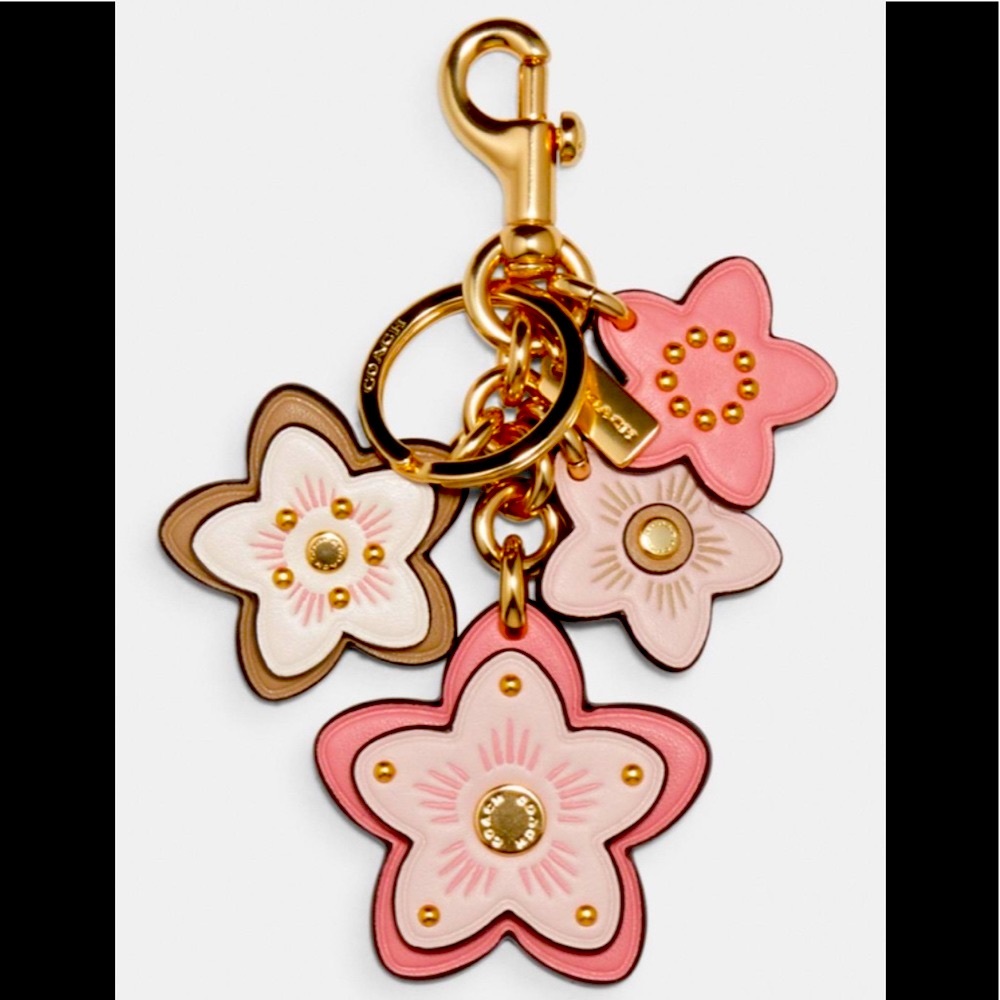 COACH WILDFLOWER CLUSTER BAG CHARM BRASS & PINK - Picture 2 of 16